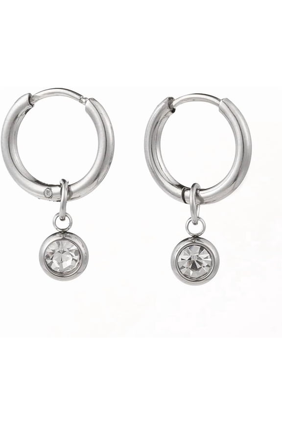 1 Pair 304 Stainless Steel Huggie Hoop Earrings with Rhinestone Birthstone Charms Flat Round Crystal Stainless Steel Color 22mm Pin: 1mm