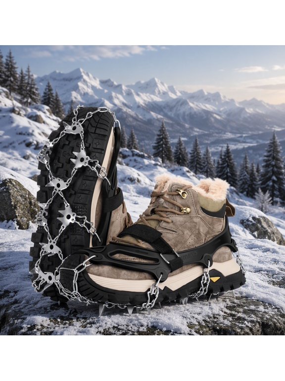 1 Pair 32-Spike Ice Cleats for Shoes and Boots, Stainless Steel Anti-Slip Traction Cleats, Microspikes for Hiking Ice, with Storage Bag