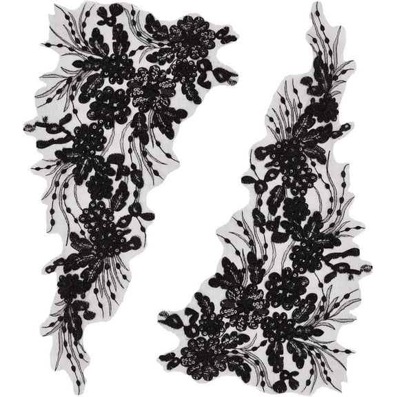 1 Pair 3D Flower Embroidery Lace Fabric Black Sequin Ribbon Trim Embroidered Bead Floral Applique Sew on Patches Glitter Sewing Ornament Paillette Diy Costume Accessories