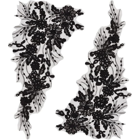 1 Pair 3D Flower Embroidery Lace Fabric Black Sequin Ribbon Trim Embroidered Bead Floral Applique Sew on Patches Glitter Sewing Ornament Paillette Diy Costume Accessories for Bridal Wedding 1 Pair