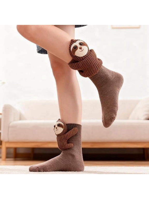 1 Pair 3D Sloth Hug Over Calf Crew Socks, Thick Thermal Knit Novelty Animal Socks with Anti-Slip Sole, Unisex Funny Christmas Stocking Stuffer Gifts for Men Women