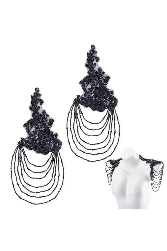 1 Pair 3D Three-Dimensional Flower Rhinestones Applique Sewing Fringe Beads Sequins Patches Accessory for Wedding Dresses DIY Decorative