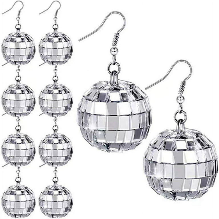 Pair 70s Silver Color Shiny Disco Ball Dangle Earrings for Women