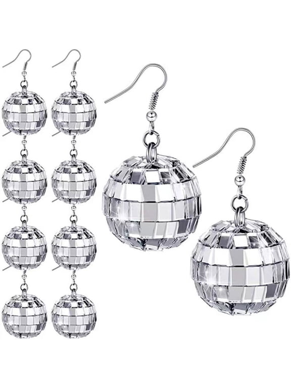 1 Pair 70s Silver Color Shiny Disco Ball Dangle Earrings for Women Cool Fashion Jewelry Retro Round Drop Earrings