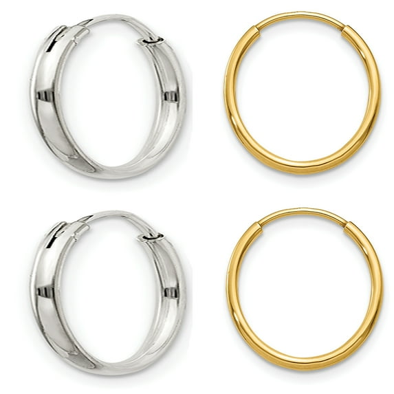 1 Pair - .925 Sterling Silver and - 1 Pair 14K Yellow Gold Filled (Medium Size 1.25x16mm) Endless Hoop Earrings With Anti-Tarnish (Total: 4Pcs/2Pairs)