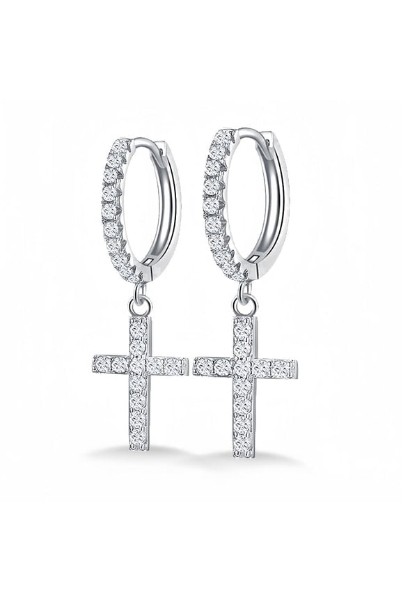Hypoallergenic Cross Moissanite Hoop Dangle Earrings,Rhodium Plated 925 Sterling Silver Cross Earrings Gra Certified Gifts for Men Women