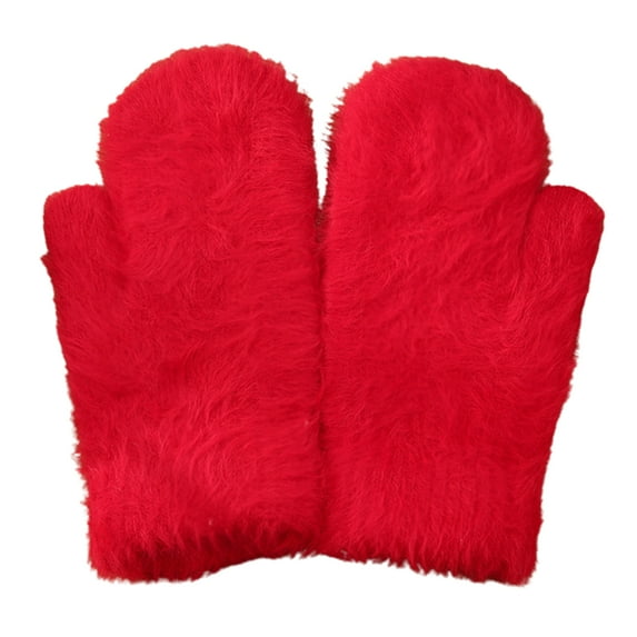 1 Pair Adults Mittens Thickened Stretchy Soft Fuzzy Cozy Cold Resistant Solid Color Windproof Winter Women Gloves for Outdoor,Red