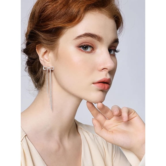 1 Pair Alloy Bowknot Tassel Stud Earrings Dangle Cartilage Jewelry Lightweight Earrings for Women Birthday Festival Elegant Gifts Personalized Jewelry 98.5x23mm