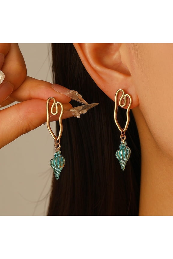 1 Pair Alloy Dangle Stud Earrings Shell Shape Golden Deep Sky Blue 42.5x10mm DIY