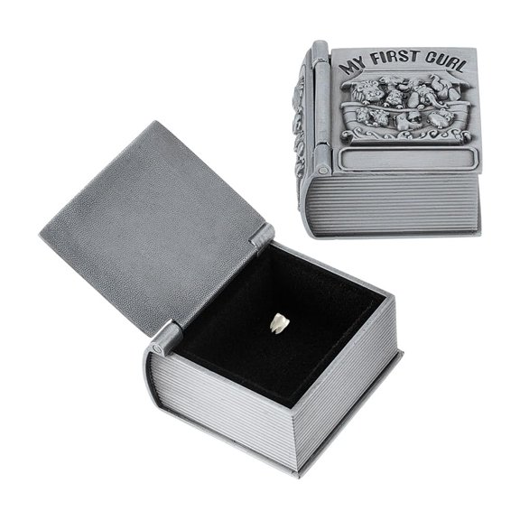 1 Pair Alloy Engraved First Curl and First Tooth Keepsake Boxes Baby Teeth Fairy Memory Containers Silver Book 3.95x2.2x3.95cm