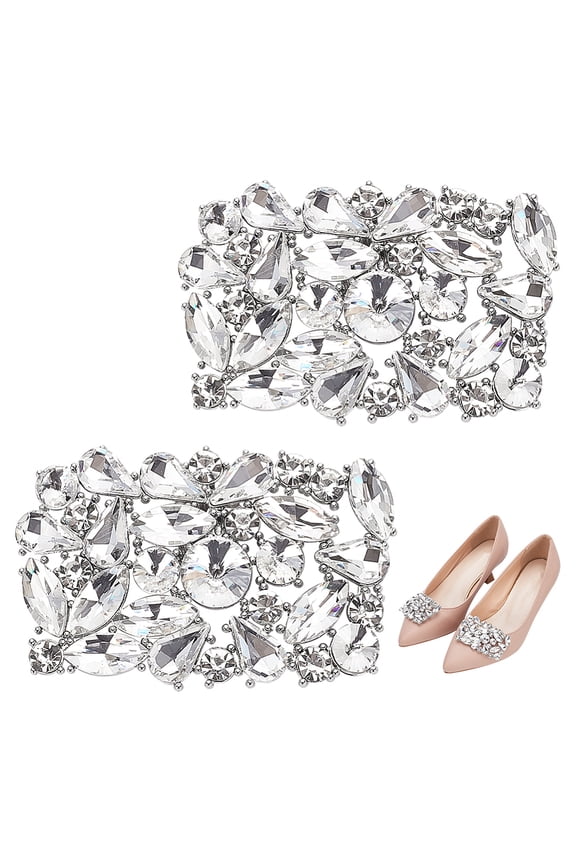 1 Pair Alloy Rhinestone Shoe Decorations Detachable Shoe Buckle Clips Platinum Rectangle 43x66x12.5mm DIY