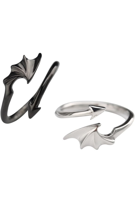 1 Pair Angel Devil Wings Couples Matching Rings for Women Men Open Adjustable Black Silver Tail Ring Fashion Promise Wedding Engagement Jewelry for Him and Her Valentine Girlfriend Boyfriend