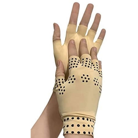 1 Pair Arthritis Compression Gloves with Magnets - Rheumatoid Fingerless Copper Gloves for Hand Pain Relief PLUS Eyeglass Pouch