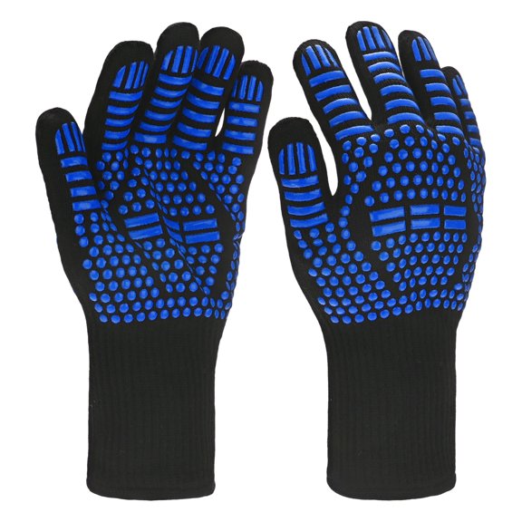 1-Pair BBQ Gloves, 1472F Heat Resistant Non-Slip Grilling Oven Gloves [Bar Pattern, Blue]