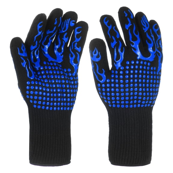 1-Pair BBQ Gloves, 1472F Heat Resistant Non-Slip Grilling Oven Gloves [Flame Pattern L, Blue]