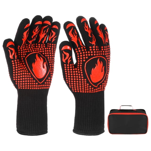 1-Pair BBQ Gloves, 1472F Heat Resistant Non-Slip Grilling Oven Gloves, with Storage Bag [Flame Pattern, Red]