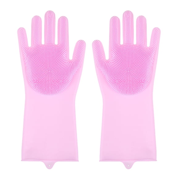 1 Pair of BPA FREE Silicone Dishwashing Gloves, Soft Bristles Cleaning Pet Care Washing, Reusable Non- and Heat Resistant Scrubbers, for Kitchen, Bathroom, Cars's Tough Dirt(Pink-M)