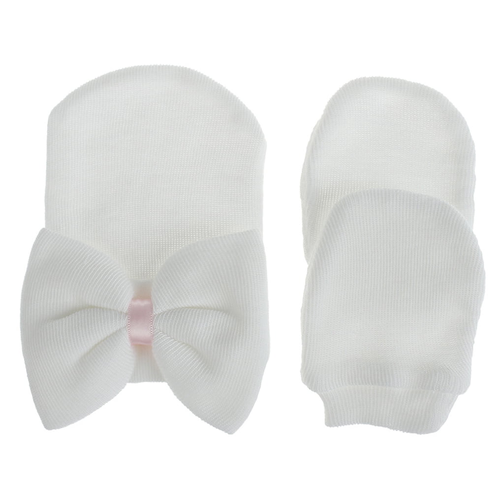 1 Pair Baby No Scratch Mittens Gloves and Cute Bow Nursury Hat Infant