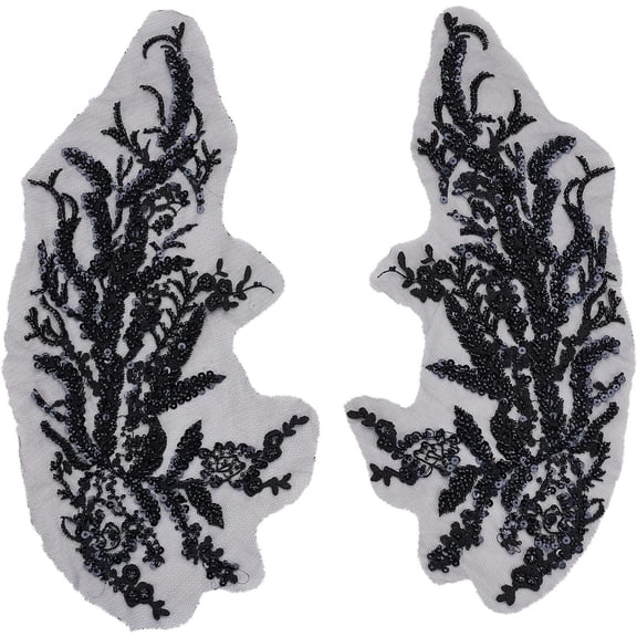 1 Pair Beaded Black Embroidery Lace Flower Patches Vintage Polyester Sew on Appliques for Wedding Dress Costume Diy Decorative Crafts Handmade Embellishments Party Dress Decoration Supplies 1pair
