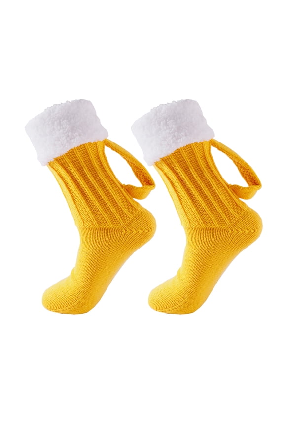 1 Pair Beer Mug Socks Thick Plush Knitted Winter Floor Socks Mid-tube Keep Warm Anti-slip Carnival Holiday Beer Festival Socks -Yellow,One Size