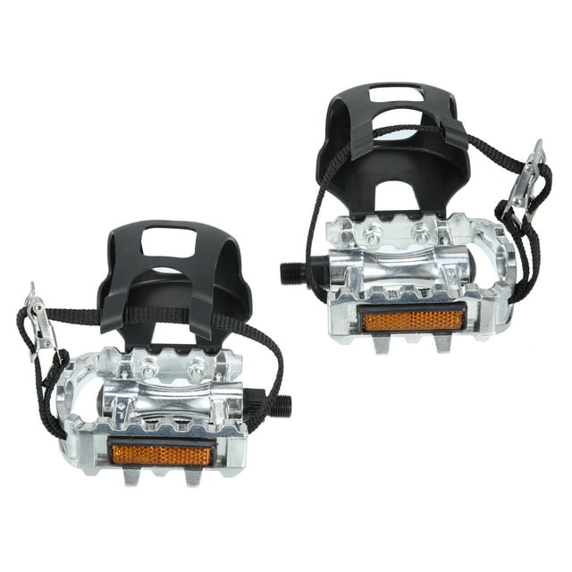 1 Pair Bicycle Pedals 1/2'' Spindle Platform with Toe Clips Fixed Cycling Parts Black Silver Tone