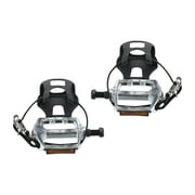 1 Pair Bike Pedals 12.7mm 1/2'' Spindle Platform with Toe Clips Fixed Foot Strap Black Silver Tone