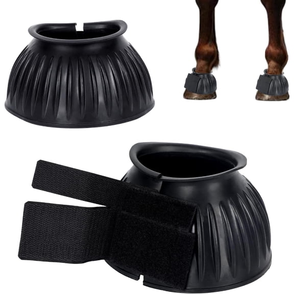 1 Pair Black Bell Boots for Horses, Double Lock Horse Care Boots, Protect Against Hoof Impact Trauma, Rubber Bell Boots Horse Care for Turnout, No Rub Design Comfort Quick Wrap Hook and Loop