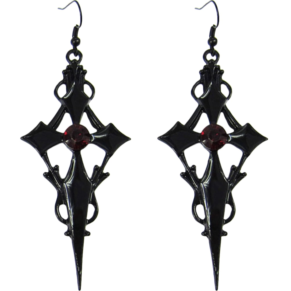 FOESSD Vintage Cross Drop Earrings - Large Baroque Dangle Earrings With Green Gemstones, Gold Plated