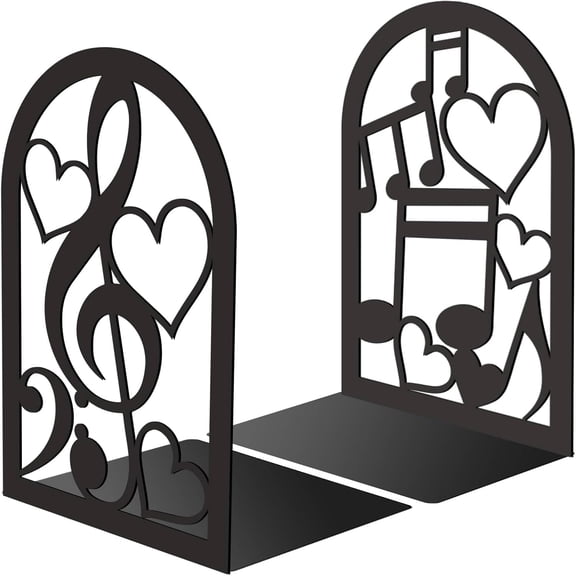 1 Pair Black Metal Bookends Decorative Musical Note Creative Books Holder Stand Heavy Duty Study Non-Skid Support Organizer Magazine