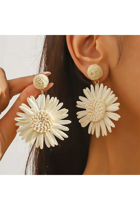 1 Pair Boho Chic Handwoven Daisy Earrings for Women, Raffia Bohemian Beach Jewelry, Versatile for Daily & Party Occasions, All-Season Accessory
