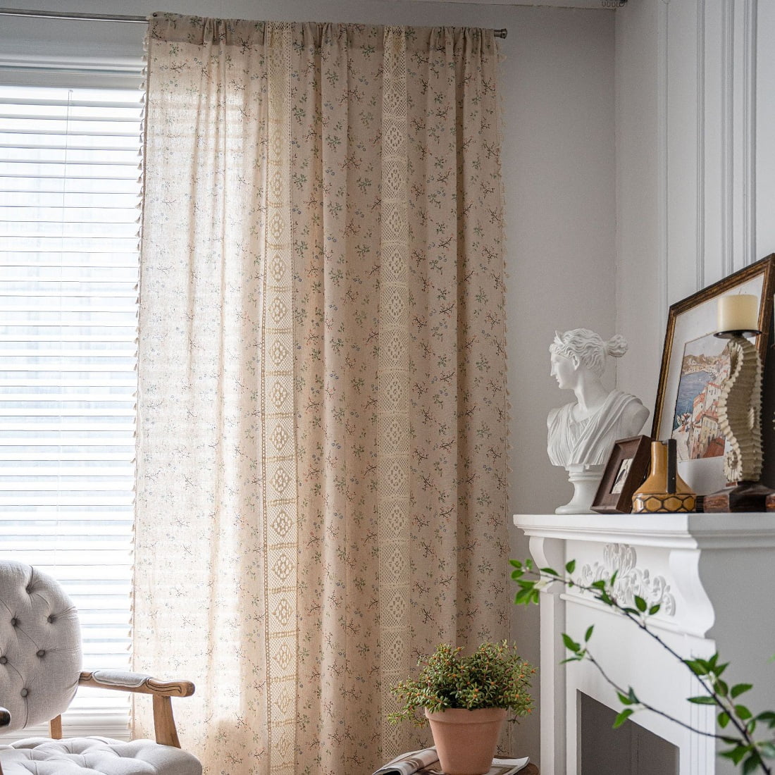 1 Pair Boho Curtains Beige Cotton Linen Curtains Embroidery Semi-transparent Linen Optics Flower Curtains With Tassel 59" W x 71" L