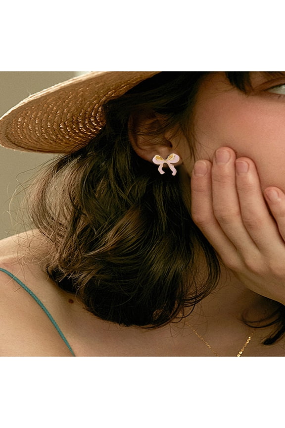 1 Pair Bowknot Alloy Stud Earrings with Enamel Pink 23.5x21mm