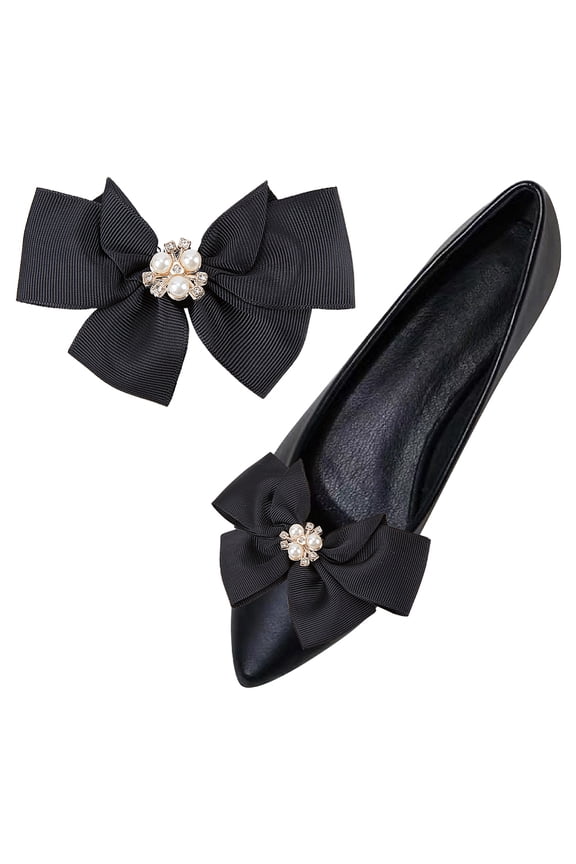 1 Pair Bowknot Shoes Clips Pearl Shoe Removable Shoe Charms Buckle Ribbon Shoe Black Polyester Clip Jewelry Decorative Shoe Accessories