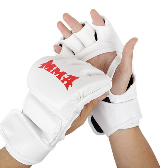 1 Pair Boxing Gloves Hand Wraps with Fastener Tape Wear Resistant Thick Padded Faux Leather Adjustable Half-finger Kickboxing Gloves-White