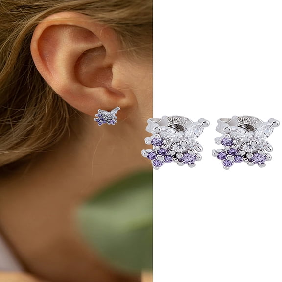 1 Pair Brass Micro Pave Cubic Zirconia Stud Earrings Butterfly Platinum 9x7.5mm for DIY