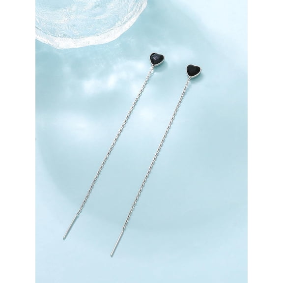 1 Pair Brass Rhinestone Ear Thread Heart Platinum 103x6.5mm