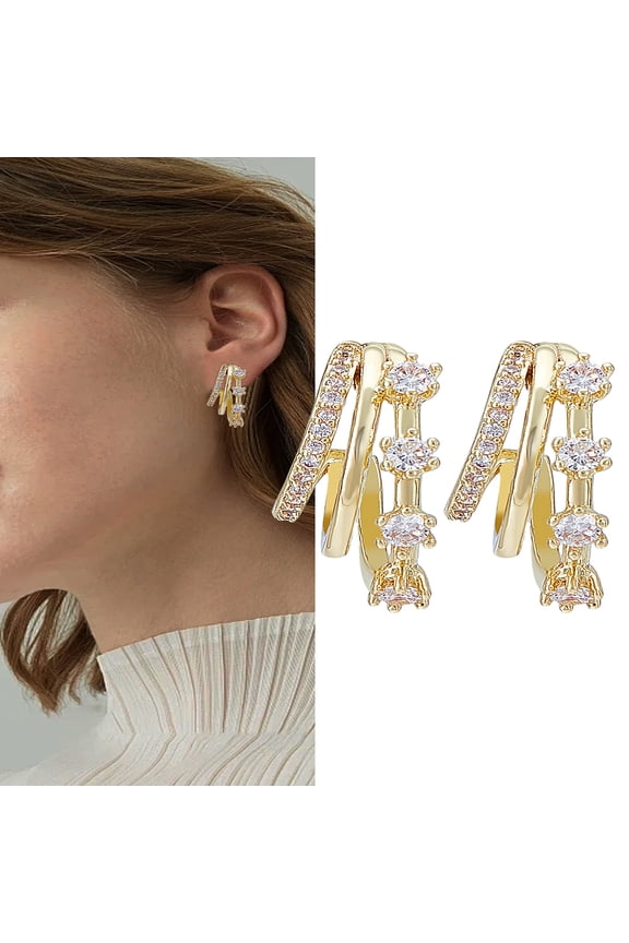 1 Pair Brass Rhinestone Stud Earrings for Women Triple C-Shaped Golden 18x8mm