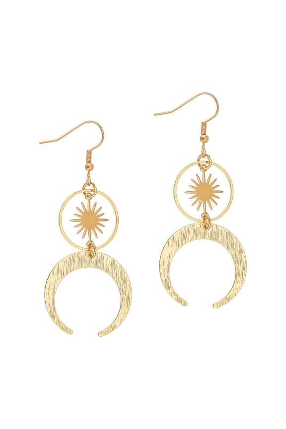 1 Pair Brass Sun & Moon Dangle Earrings Long Drop Earrings for Women Golden 71.5mm Pin: 0.5mm