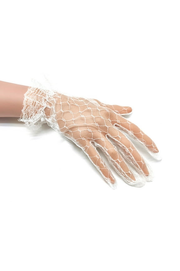 1 Pair Bridal Gloves Ruffle Cuffs Wrist Length Sheer Breathable Elegant Wedding Clothes Accessories Solid Color See-through Lace Wedding Gloves for Dating,White