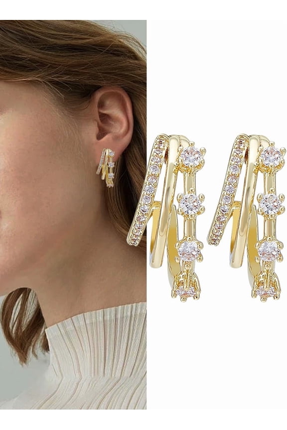 1 Pair C-Shaped Stud Earrings Brass Rhinestone Stud Earrings Creative Personal Earring Trendy Simple Earring for Women Christmas Birthday Festival Elegant Gifts 18x8mm Gold DIY