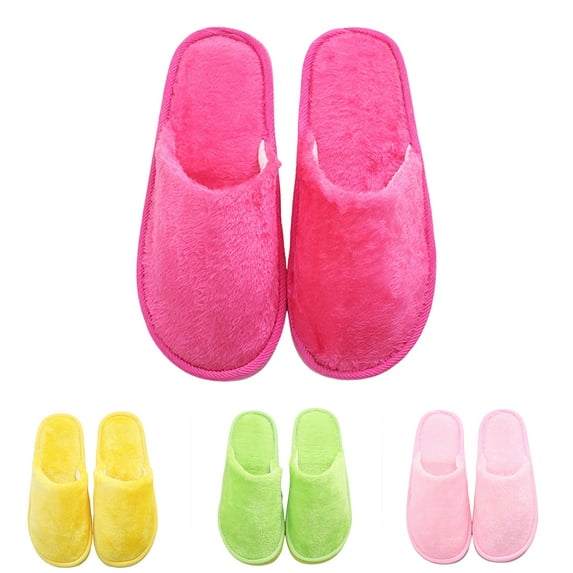 1 Pair Candy Color Anti-skid Soft Outsole Round Toe Plush Slippers Women Winter Slip-on Fluffy Flat House Shoes,Pink