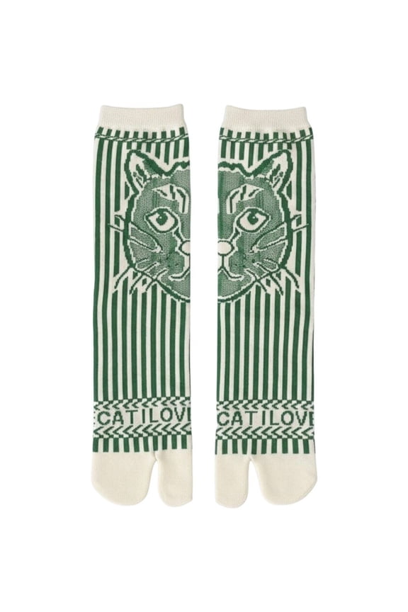 1 Pair Cat Pattern Split Toe Tabi Socks, Cotton Mid Calf Socks, One Size