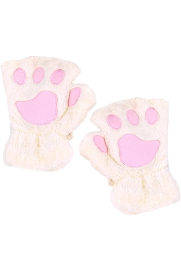 1 Pair of Children's Cat Claw Gloves, Girls' Autumn and Winter Warm Gloves, Plush Warm Fingerless Gloves, Windproof Warm Gloves, Cute Thickened Velvet Half-Finger Cat Gloves (White)