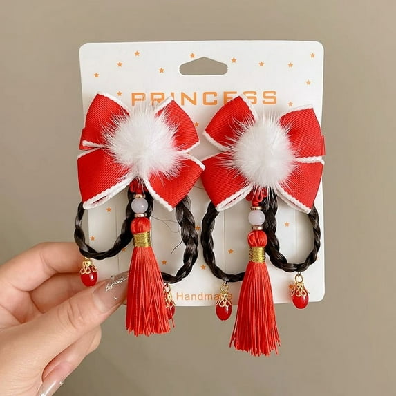 1 Pair Chinese Style Hair Clips, Chinese New Year Tassel Hair Accessories, Hairy Furry Balls Barrettes Hairpins, Unique Chinese Tradition Design, For Women and Girls