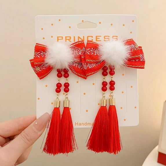 1 Pair Chinese Style Hair Clips, Chinese New Year Tassel Hair Accessories, Hairy Furry Balls Barrettes Hairpins, Unique Chinese Tradition Design, For Women and Girls