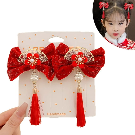 1 Pair Chinese Style Hair Clips, Chinese New Year Tassel Hair Accessories, Hairy Furry Balls Barrettes Hairpins, Unique Chinese Tradition Design, For Women and Girls