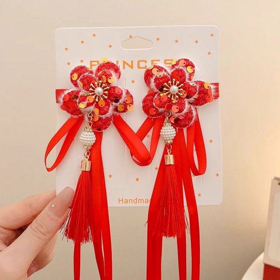 1 Pair Chinese Style Hair Clips, Chinese New Year Tassel Hair Accessories, Hairy Furry Balls Barrettes Hairpins, Unique Chinese Tradition Design, For Women and Girls