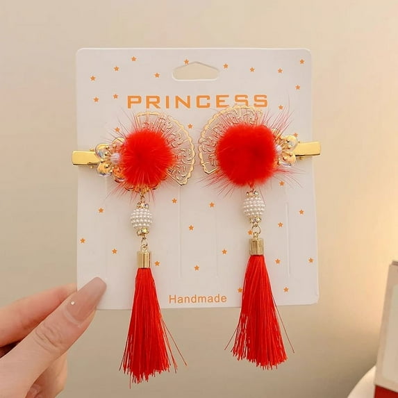1 Pair Chinese Style Hair Clips, Chinese New Year Tassel Hair Accessories, Hairy Furry Balls Barrettes Hairpins, Unique Chinese Tradition Design, For Women and Girls
