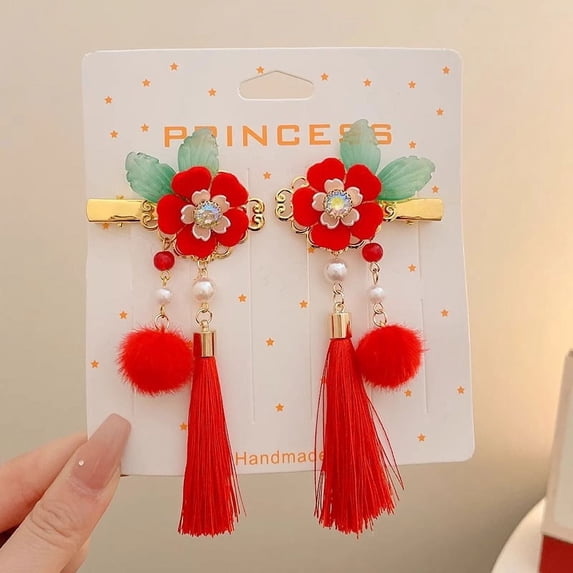 1 Pair Chinese Style Hair Clips, Chinese New Year Tassel Hair Accessories, Hairy Furry Balls Barrettes Hairpins, Unique Chinese Tradition Design, For Women and Girls