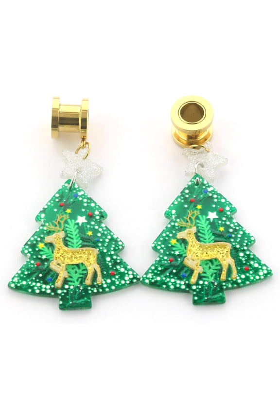 1 Pair Christmas Tree Ear Gauges with Golden Reindeer -Stainless Steel Plugs for Stretched Ears, Holiday Gift for Women & Men[m317]